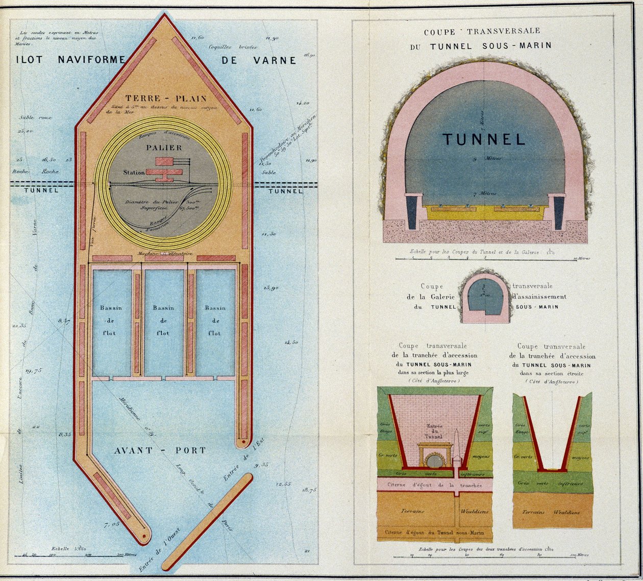 M.A. Thomé de Gamond tarafından “” 1867 Dünya Fuarında üretilen İngiltere ve Fransa arasındaki yeni bir Sualtı Tüneli projesinin planları üzerine Hafıza”nın Planları by French School