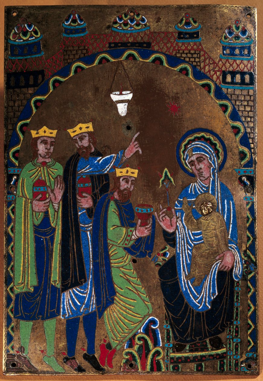 Grandmont Manastırı'nın ana sunağının plaketi: Magi'nin Hayranlığı. Bakır üzerine emaye dore ve keski. 1275-1300. Limoges'tan. Paris, Ulusal Orta Çağ Müzesi, Thermes de Cluny by French School