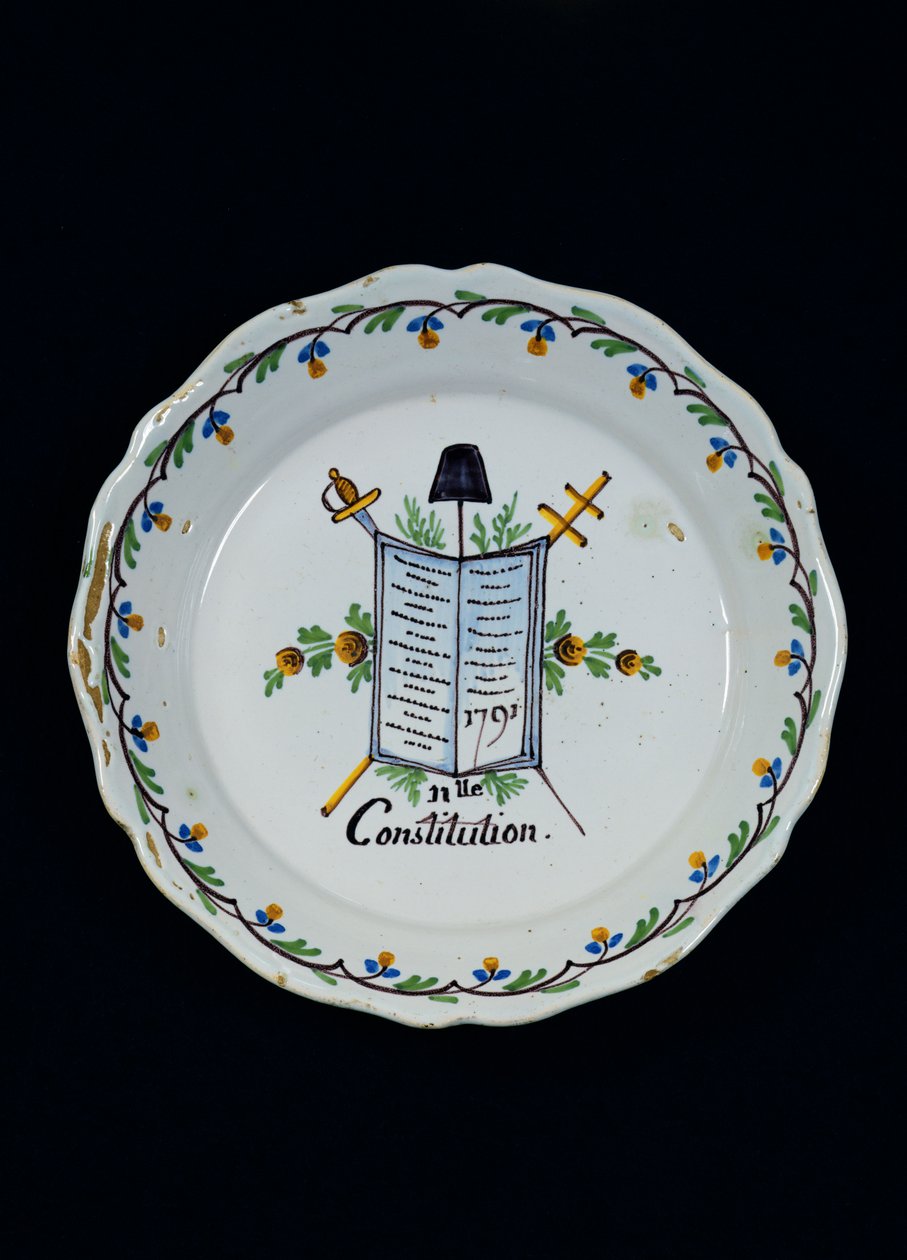 Üç Düzen ile ilişkili Anayasa Kitabı ile süslenmiş plaka, 1791 (seramik) by French School