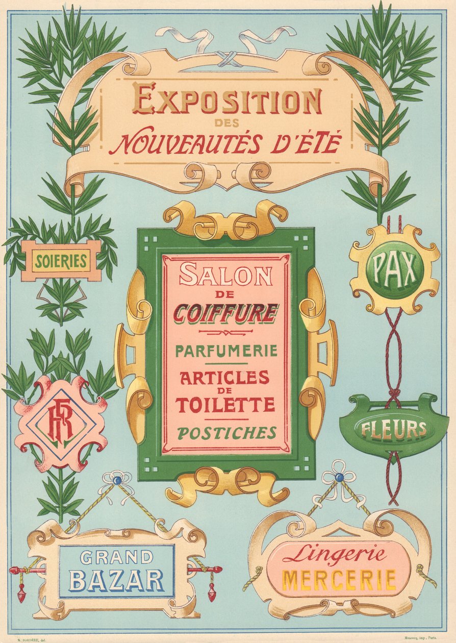 Levha n° 17: Art Nouveau ressamı için tabela modelleri (Sergi, Kuaför, Çarşı, Tuhafiye). by French School
