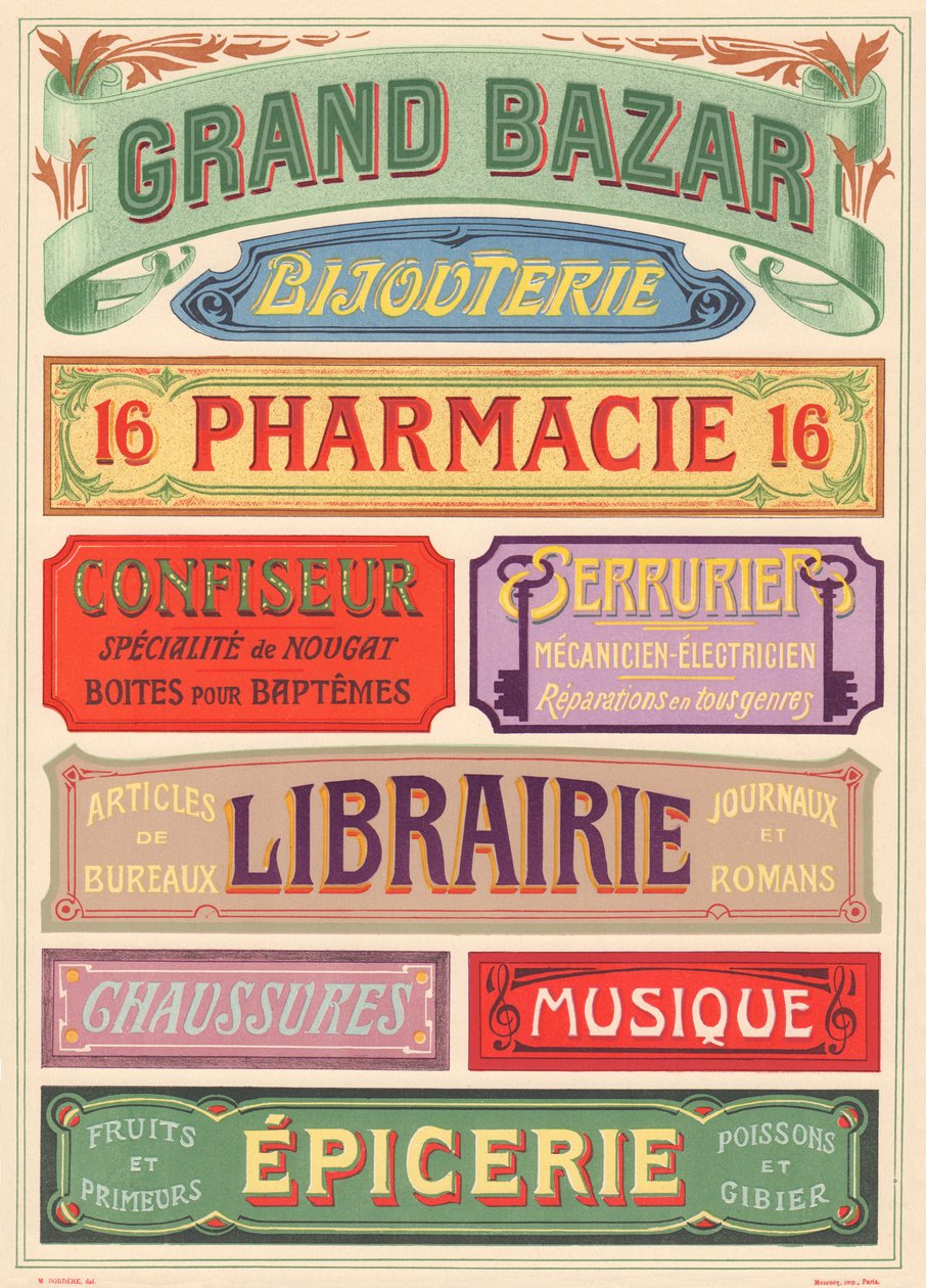 Plaka n° 18: Art Nouveau harf ressamı için tabela modelleri (Kapalıçarşı, Kuyumcu, Eczane, Şekerci, Çilingir, Kitapçı, Ayakkabı, Müzik, Bakkal). by French School