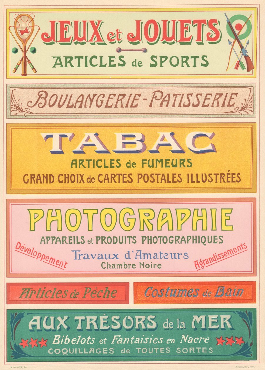 Plaka n° 20: Art Nouveau harf ressamı için tabela modelleri (Oyunlar ve oyuncaklar, Fırın-Patisserie, Tütün, Fotoğraf). by French School