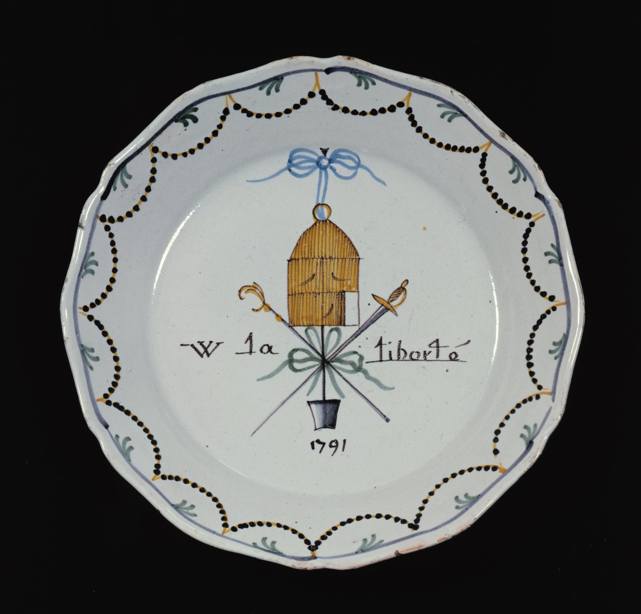 Açık kuş kafesi ve efsane Vive la Liberte, 1791 (seramik) ile plaka by French School