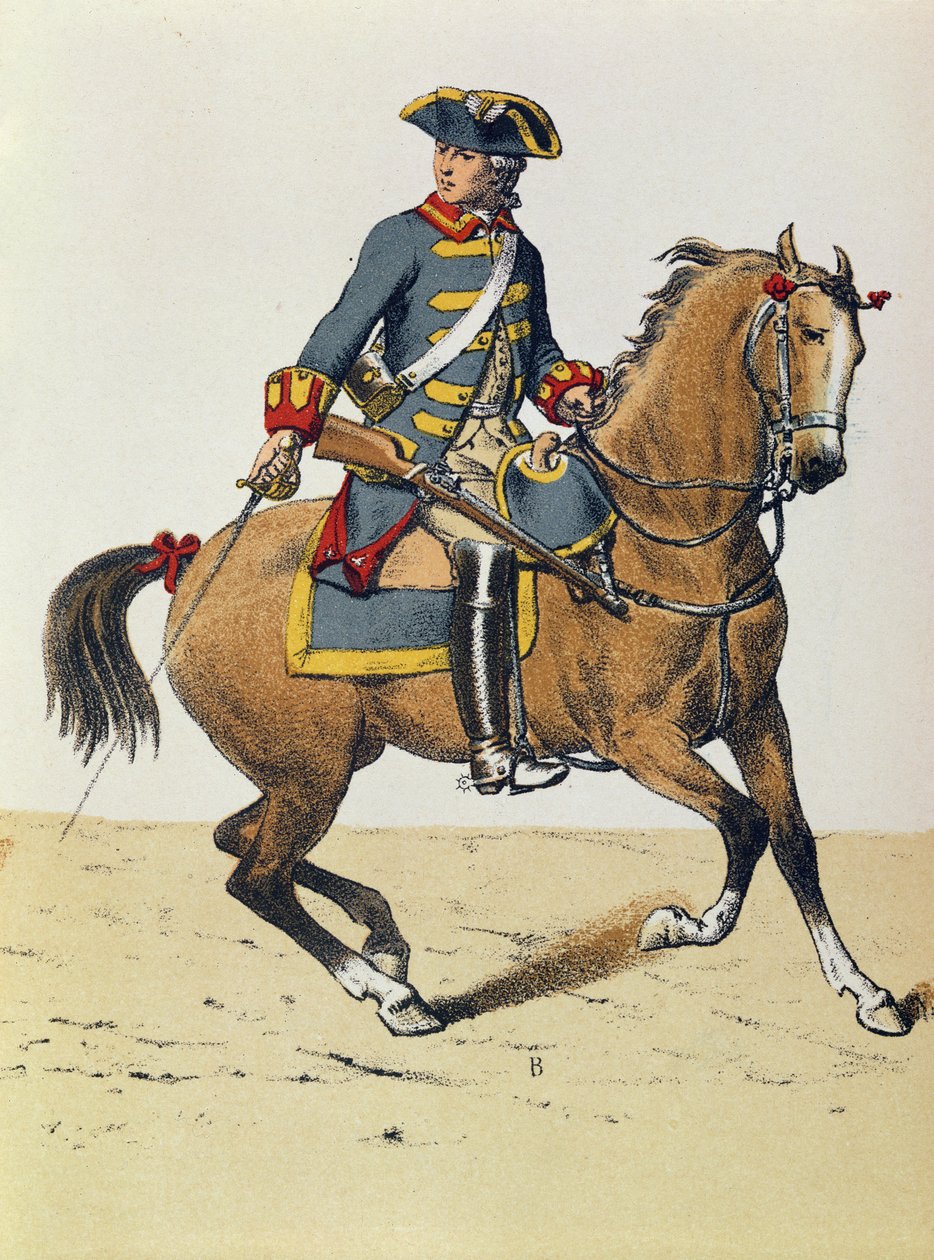 Bir ata binmiş c.1750 polis memuru, 19. yüzyıl (renkli gravür) by French School