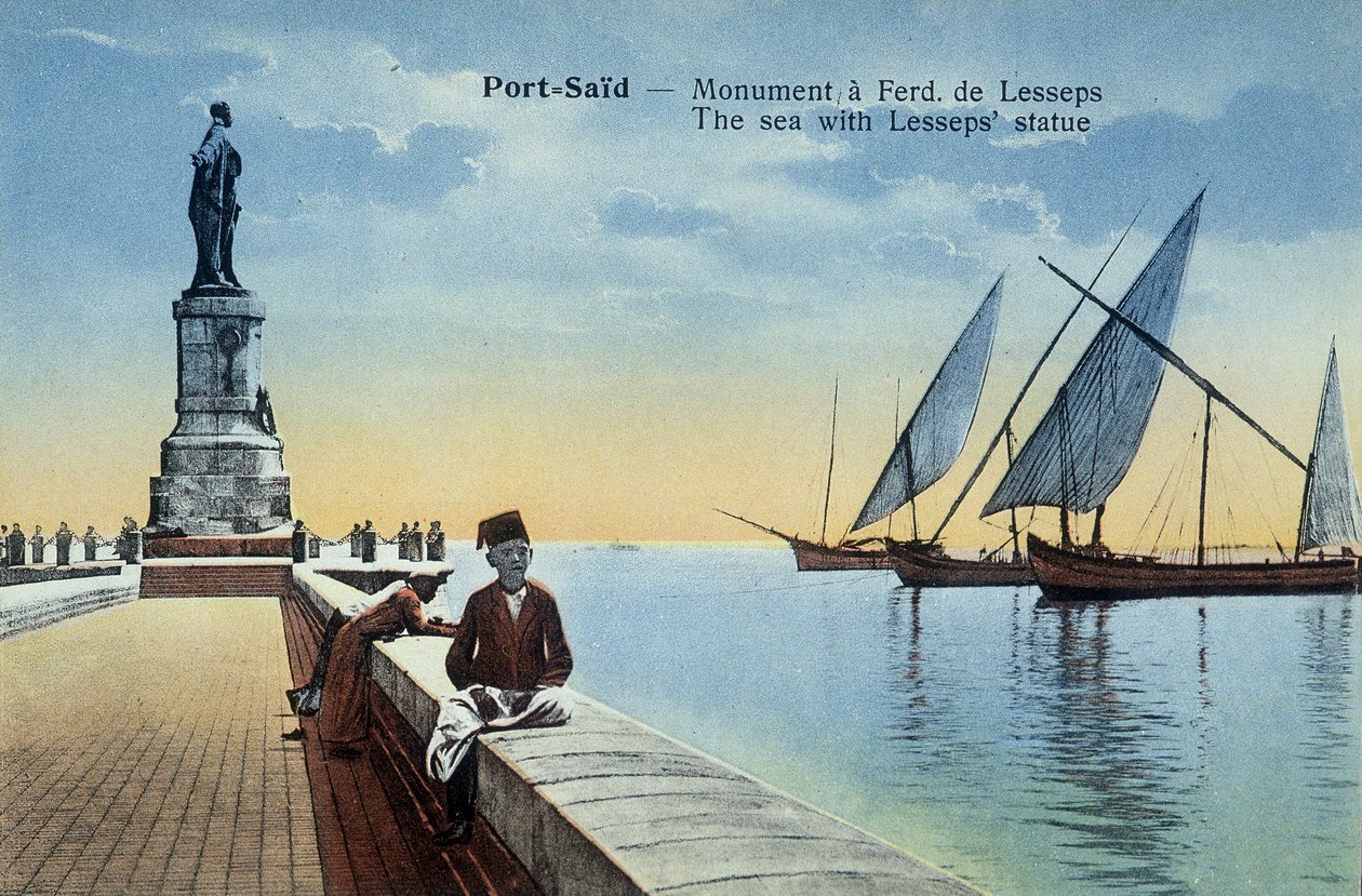 Port Said kartpostalı. Liman ve deniz manzaralı Fernand de Lesseps