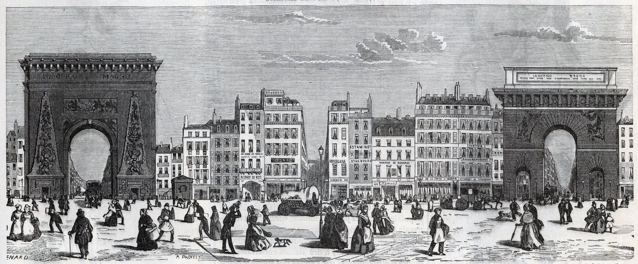 Porte Saint-Denis ve rue faubourg Saint Denis - porte saint Martin ve rue faubourg Saint-Martin, Edmond Texier (1815-1887) tarafından “Tableau-de-Paris”te Gravür by French School