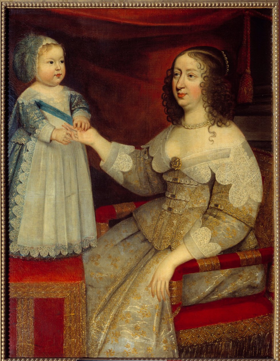 Avusturya Kraliçesi Anne (1601-1666) ve yunus Louis XIV çocuğu (1638-1715) portresi Fransız Okulu resmi. 1643
