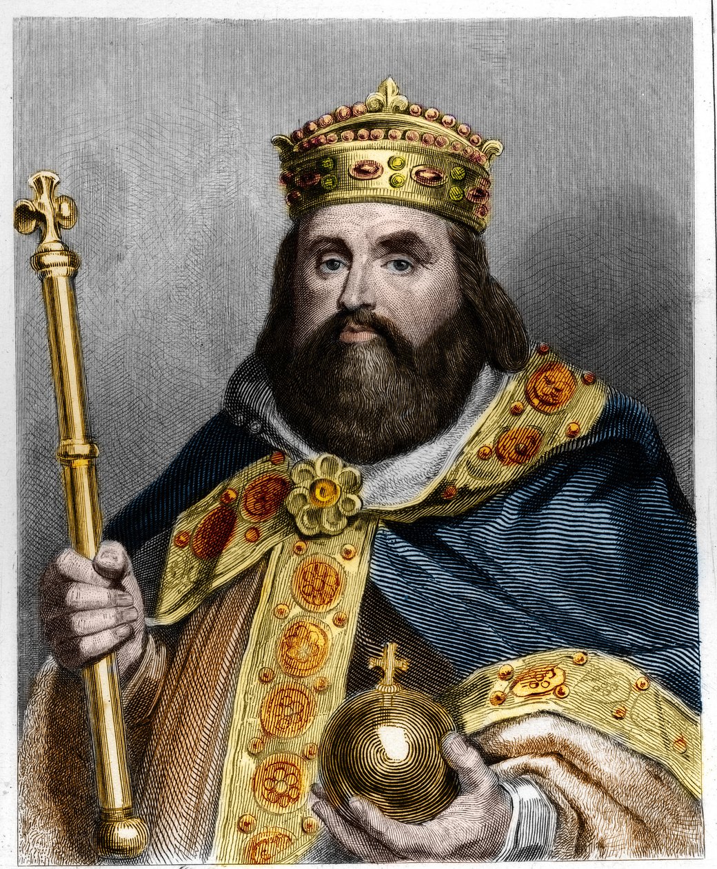 Charles III 3 Gros (839-888) Batı İmparatoru (881 - 887) ve Fransa Regent (884 - 887) - Lavallee tarafından “Histoire des Francais” de, gravür, sd. by French School