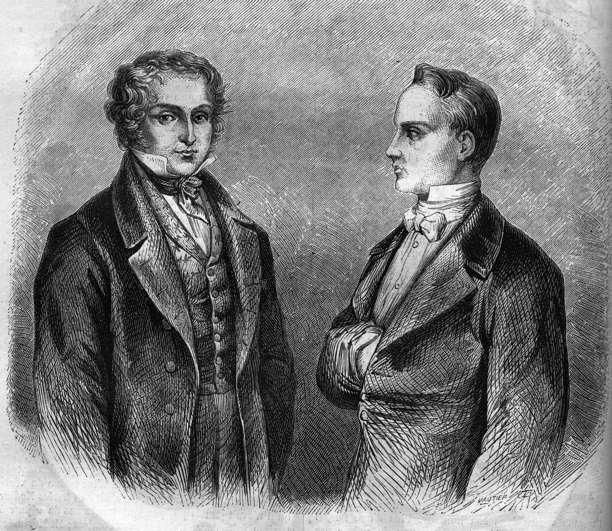 Charles Nodier (1780-1844) ve Prosper Merimee (1803-1870), Fransız yazarların portresi. 1866-1867 arası gravür. by French School