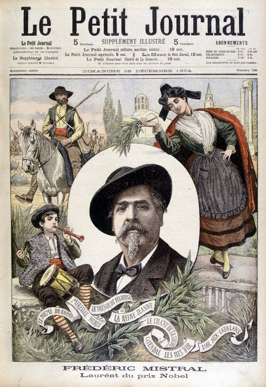 Provencal karakterlerle çevrili Frédéric Mistral portresi (koruyucu, ateş ve Mireille) - 28/12/1904 tarihli “Le Petit Journal” da (gravür) by French School