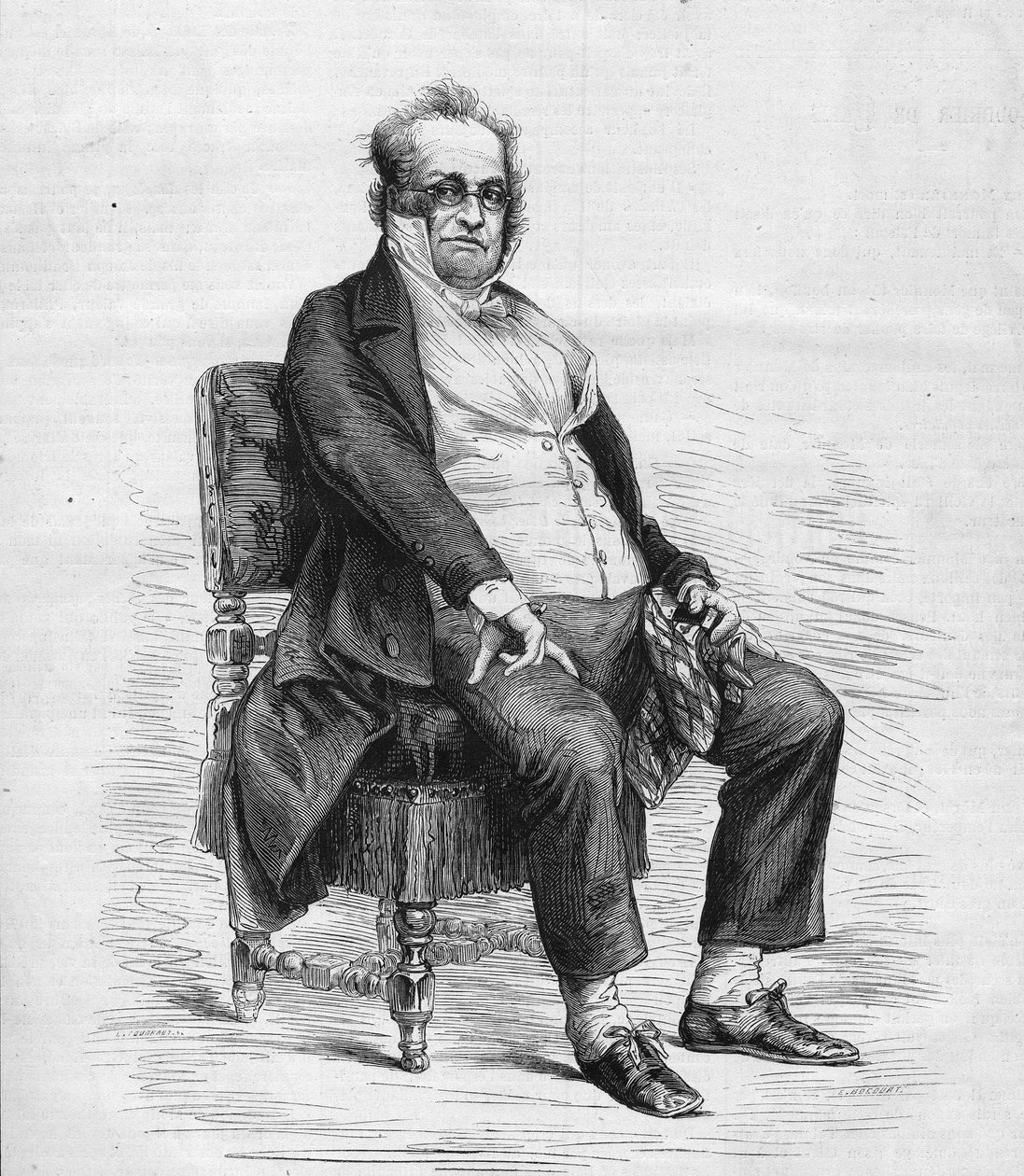 Henry Monnier (1799-1877), Fransız oyun yazarı, karikatürist ve komedyen portresi. 19. yüzyılda Fransız burjuvasının bir karikatürü olan Monnier tarafından icat edilen bir karakter olan “Mösyö Prudhomme” gibi giyinmiş. Gravür “” Le Monde Illustré” n°1031 by French School