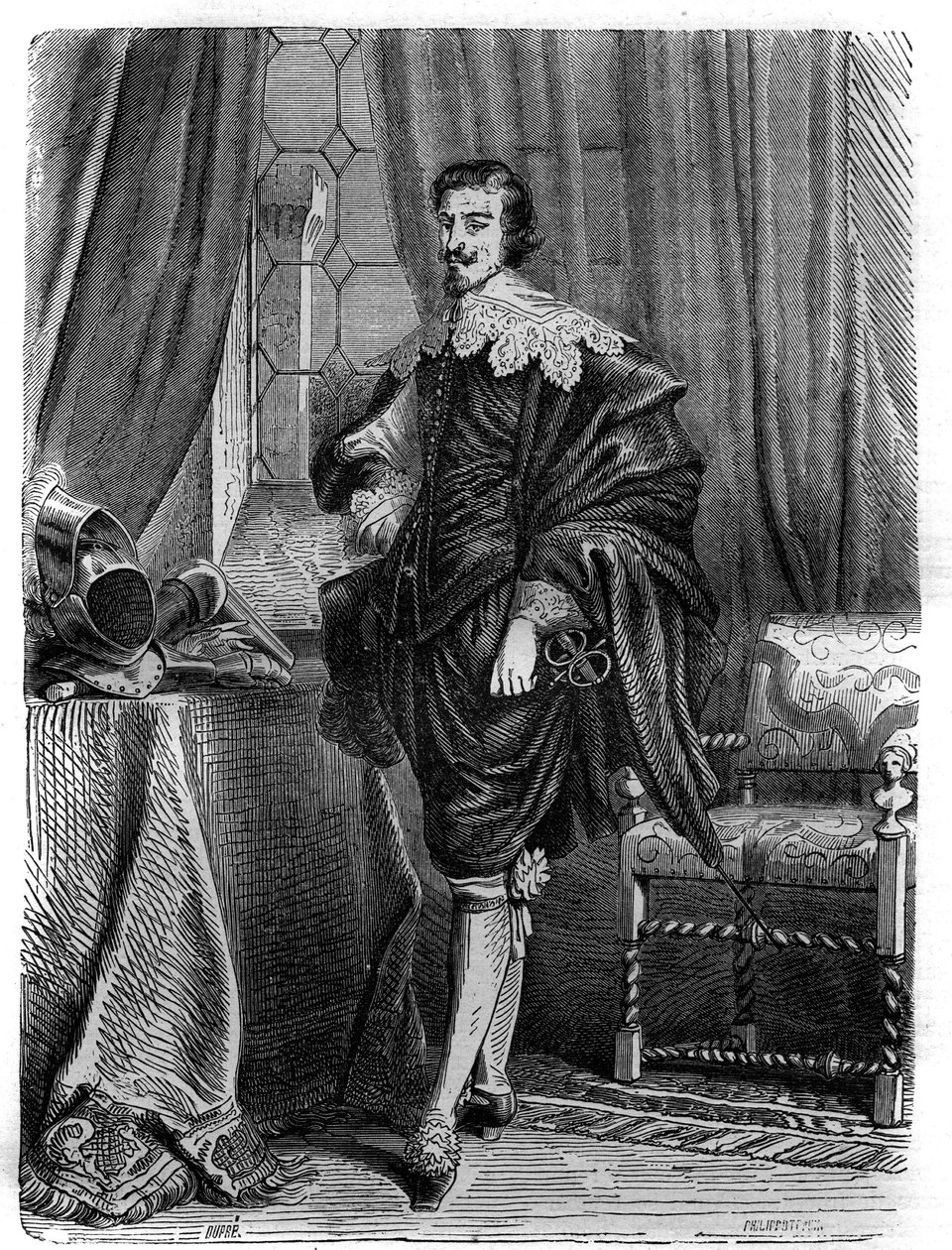 Thomas Wentworth (1593-1641), Strafford Kontu, İngiliz devlet adamı, Jartiyer Şövalyesi ve ilk İngiliz devrimine giden olaylarda önemli bir şahsiyetin portresi. “” Papaların Tarihinde Gravür (...) Kraliçe Kral ve Empe