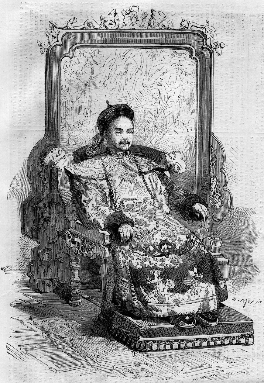 Qing Hanedanlığı'nın Çin İmparatoru Xianfeng'in (1831-1861) portresi. Gravür “” Le Monde Illustré” n°199, 2 Şubat by French School