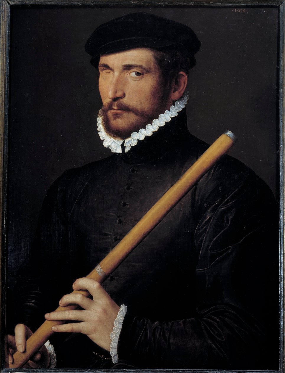 Kör bir flütçü portresi Ecole francaise tablosu. 1566 Güneş. 0,62x0,5 m - Tek gözlü flütçü portresi. Fransız Okulu Boyama. 1566. 0,62 x 0,5 m. Louvre Müzesi, Paris by French School