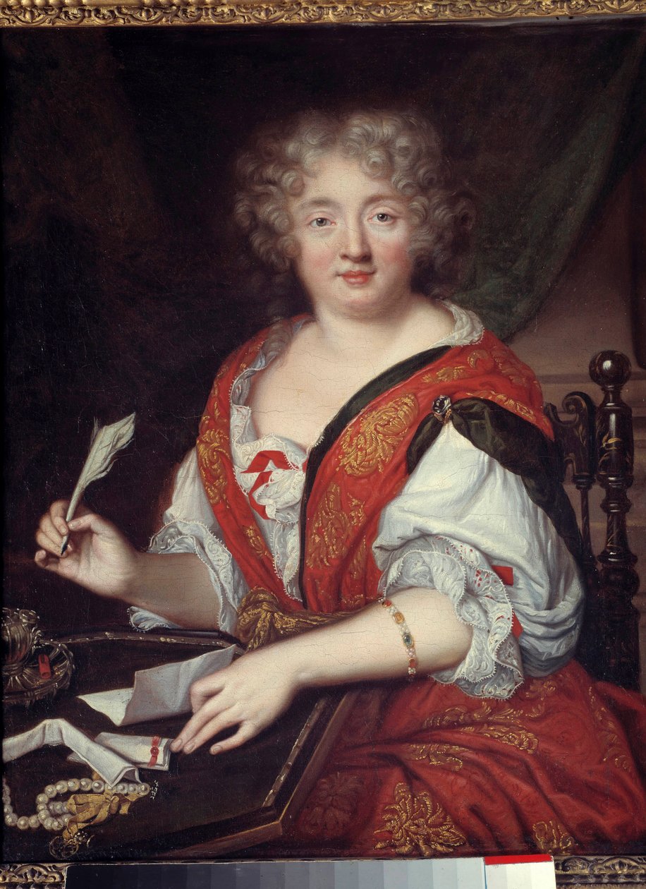 Eskiden Madame de Sevigne (1626-1696) olarak tanımlanan bir kadının portresi, Marie de Rabutin-Chantal (Rabutin Chantal), Marquise de Sevigne dit Madame de Sevigne (1626-1696), edebiyatçı kadın olurdu. Yarım kol yüksekliğinde bir bilezik takıyor. anonim by French School