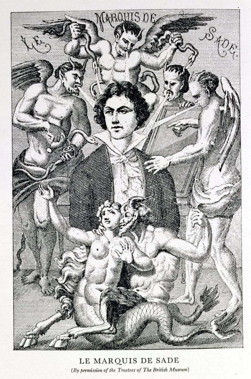 Şeytanlarla çevrili Marquis de Sade portresi (gravür) by French School
