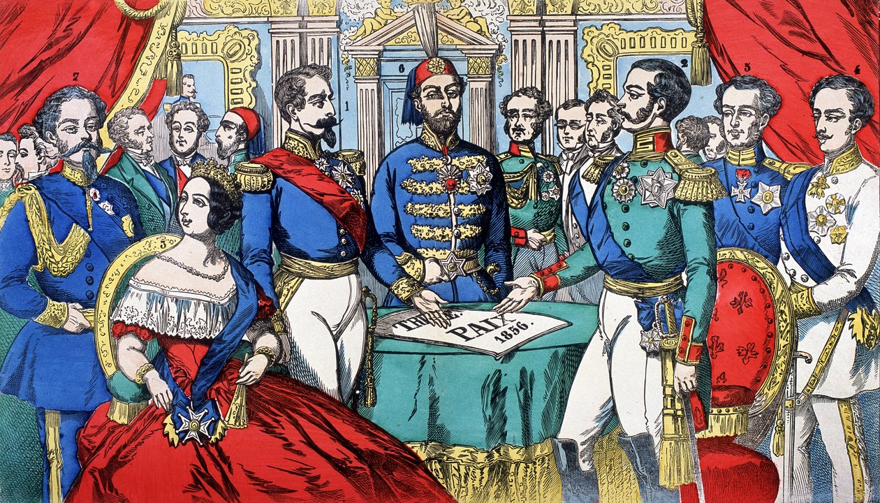 1856 Barış Antlaşması sırasında Avrupa egemenlerinin portresi: soldan sağa, Victor Emmanuel II (Victor Emmanuel) (Vittorio Emanuele), Sardunya Kralı, Victoria, İngiltere Kraliçesi, Napolyon III, Türk İmparatoru, Alexander II, Kral Rusya, F by French School