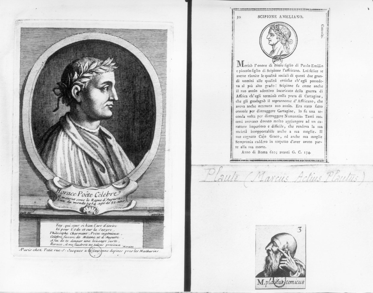 Horace (MÖ 65-8), Scipio Aemilianus (Africanus Minor) (MÖ 185-129) ve Plautus (MÖ 254-184) portreleri by French School