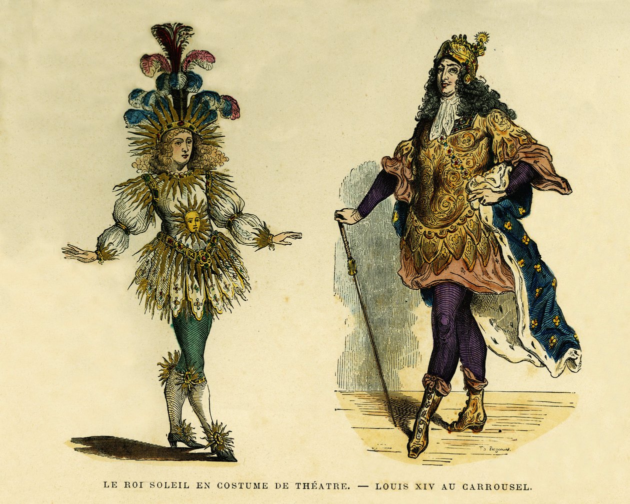 Kral Louis XIV (1638-1715), tiyatro kostümü ve atlıkarınca portreleri. Renkli gravür, Augustin Challamel, F.Roy editörü, Paris 1882. Selva Collection. by French School