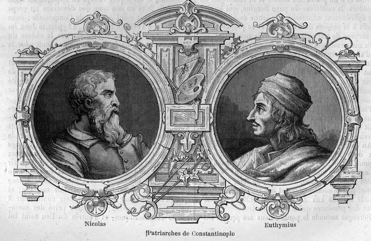 Mistik Nicholas (10. yüzyıl) ve Athoslu Euthymius (955-1028), Konstantinopolis Patriklerinin portreleri. Maurice Lachatre