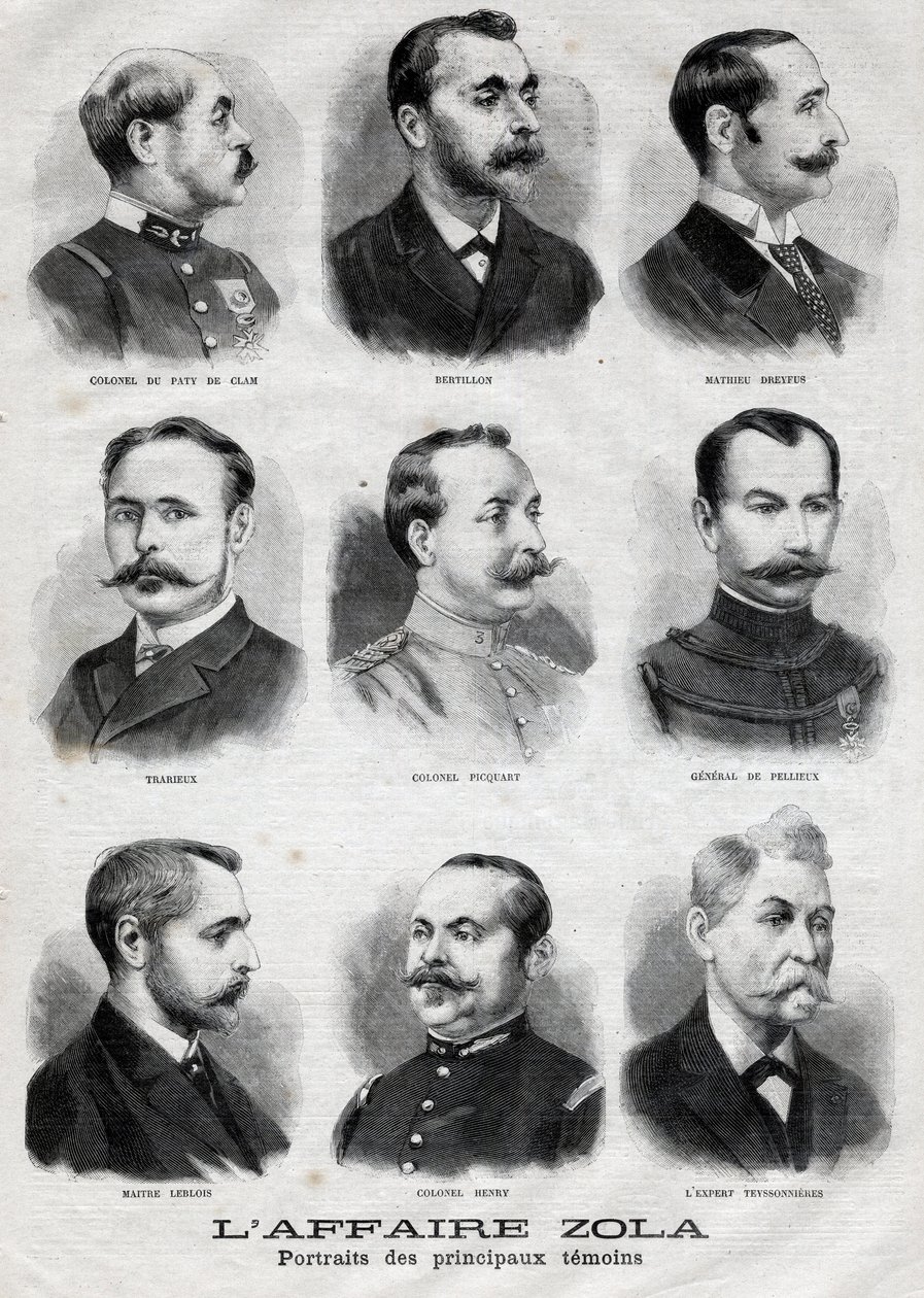 Dreyfus Zola olayındaki başlıca tanıkların portreleri ”Le Petit Journal”da, 27 Şubat by French School