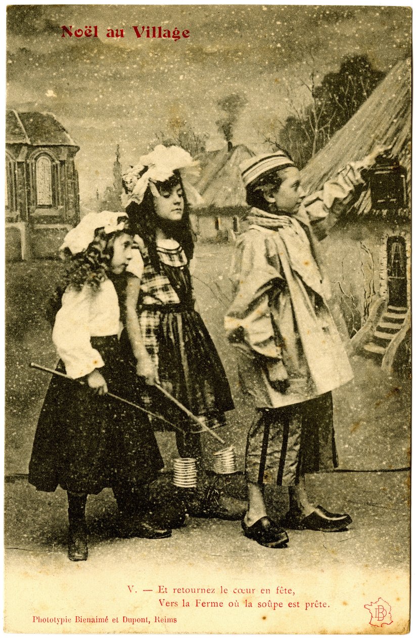 Kartpostal: Köyde Noel, Ve kalbi bir partiye, çorbanın hazır olduğu çiftliğe çevirin. Phototype Bienaimé ve Dupont, Reims (basılı kağıt) by French School