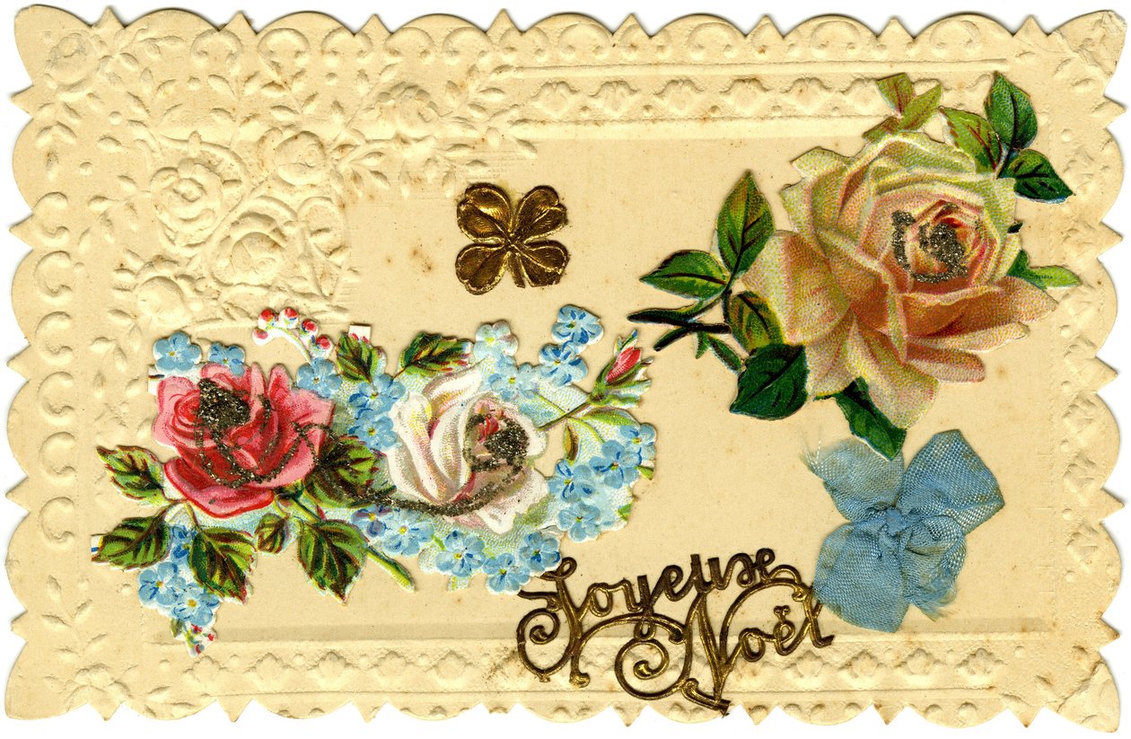 Kartpostal: Mutlu Noeller (kabartmalı kağıt, kromolitografide kesilmiş ve yaldızlı, kumaşlar) by French School