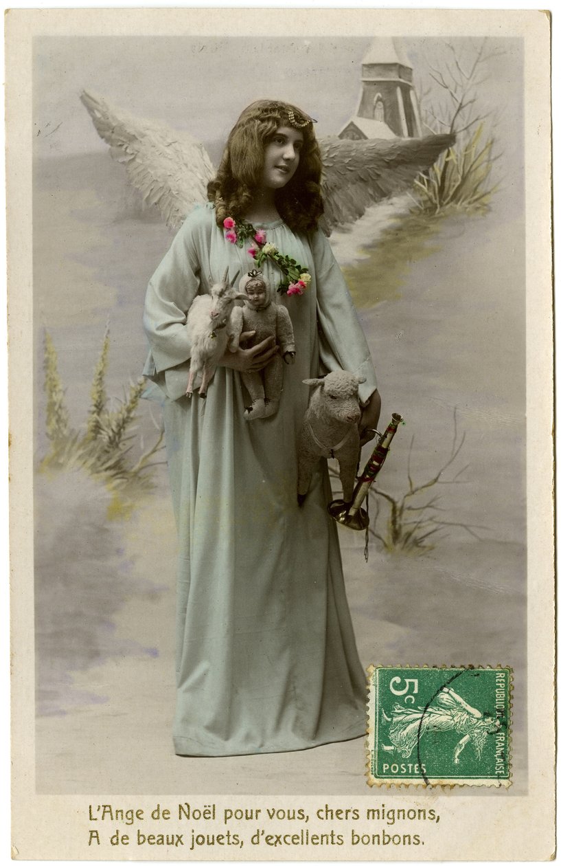 Kartpostal: Senin için Noel meleği, canım tatlım, güzel oyuncakları, mükemmel tatlıları var by French School