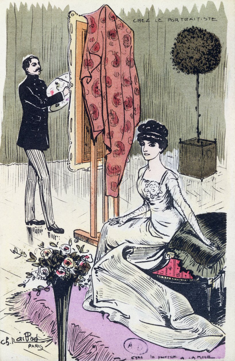 İş yerinde modaya uygun bir portre ressamını betimleyen kartpostal, 1910 by French School