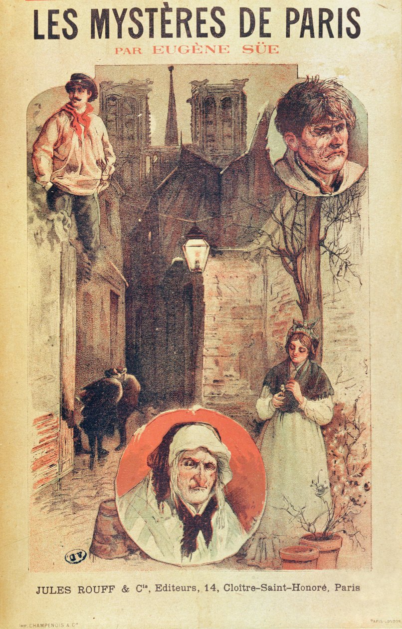 Eugene Sue (1804-57) tarafından yapılan les Mysteres de Paris poster reklamı, Editions Jules Rouff tarafından taksitler halinde yayınlandı, 19. yüzyılın sonlarında by French School