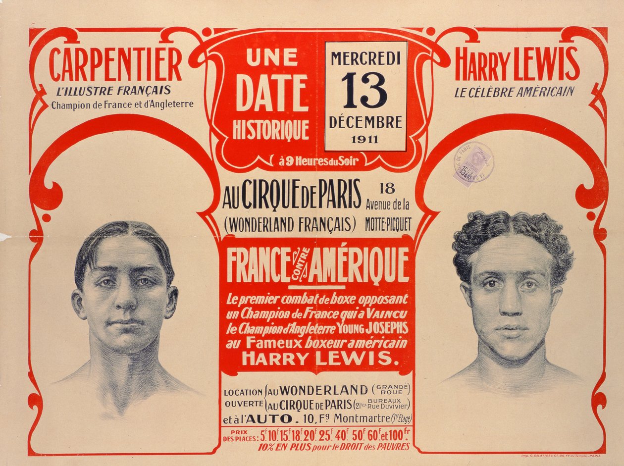 Carpentier ve Harry Lewis arasındaki boks maçının reklam afişi, 1911 by French School