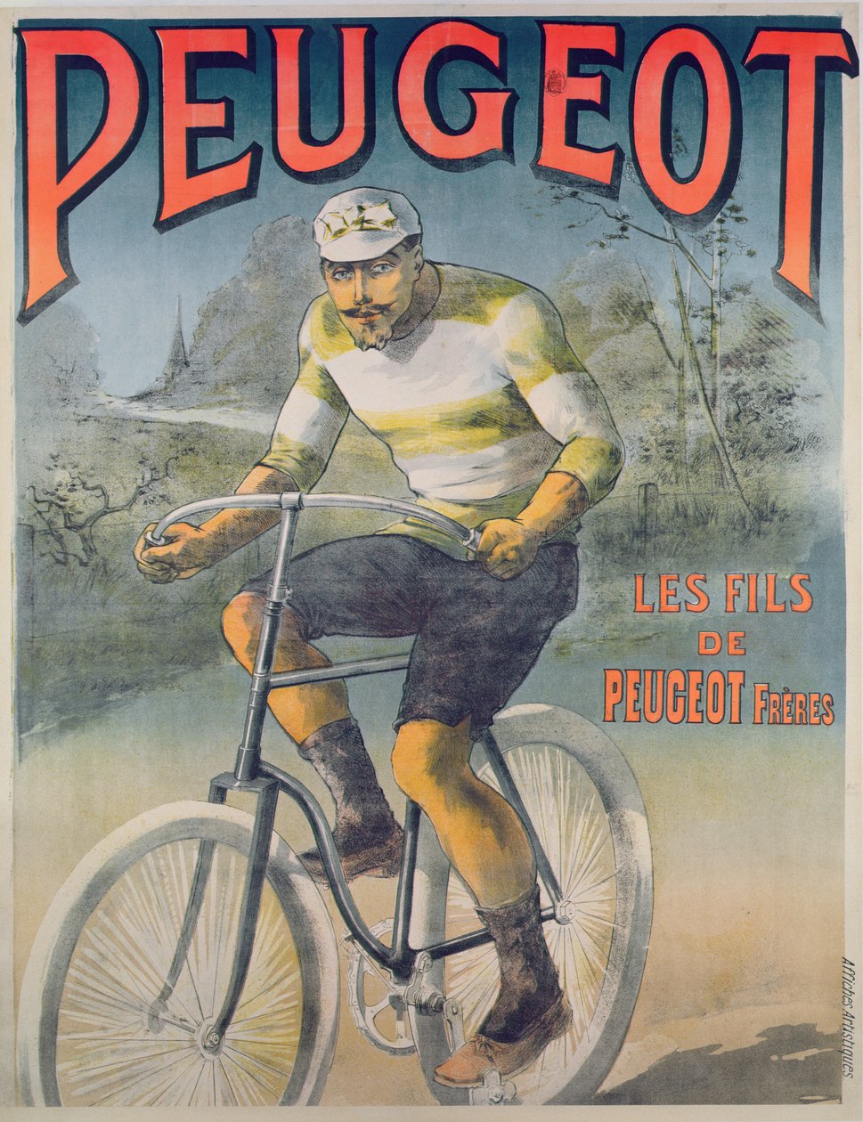 Peugeot bisikletlerinin reklamını yapan afiş (renkli gravür) by French School