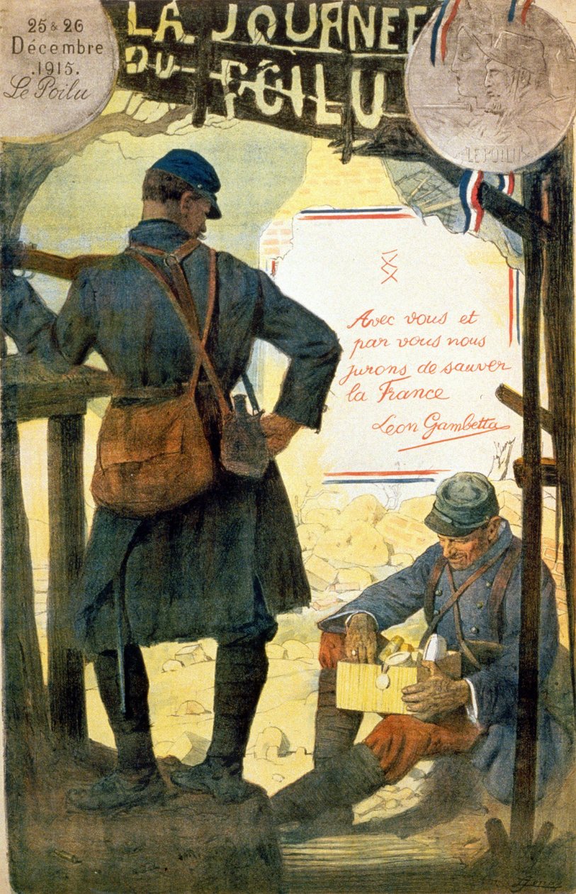 Léon Gambetta'dan alıntıyla “” La journée du poilu - 25 et 26 décembre 1915” posteri “” Sizinle ve sizin adınıza Fransa'yı kurtarmaya yemin ediyoruz””. (ailesinden aldığı kutuyu kıllı bir şekilde açar). by French School