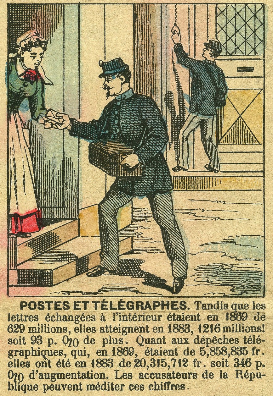 Cumhuriyet sayesinde telekomünikasyonun ve Postanenin iyi işleyişini gösteren posta ve telgraflar. Gravür, “” Le Figaro, ek””, 30/03/1889, Paris. Kol. Selva. by French School