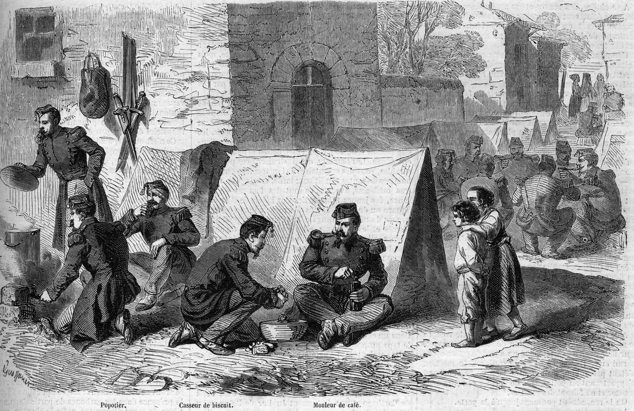 Risorgimento sırasında Fransız Imperiale Muhafızlarının 1. el bombası alayının “popote” (yemek) hazırlanması. Soldan sağa: "popotter", "bisküvi kırıcı" ve "kahve makinesi". Cavriana, İtalya by French School