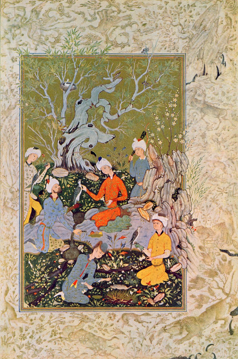 Şahinlerle avlanan prens, Binbir Gece Masalları için İllüstrasyon, 1895 (renkli gravür) by French School