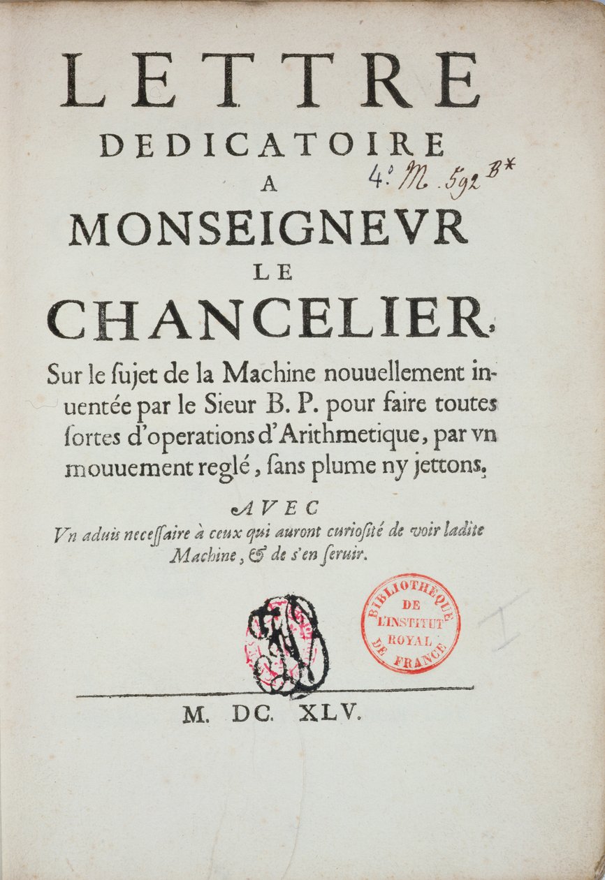 Blaise Pascal (1623-62) 1645 tarafından hesap makinesinin icadı üzerine basılı ithaf mektubu by French School