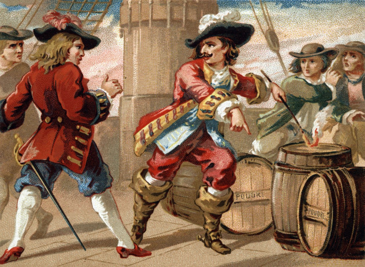 Er Jean Bart (1650-1702), kendisini esir alan İngiliz bir korsanı, bir barut fıçısını ateşe vererek gemisini havaya uçurmakla tehdit ederek tehdit etti. 19. yüzyılın sonlarında kromolitografi by French School