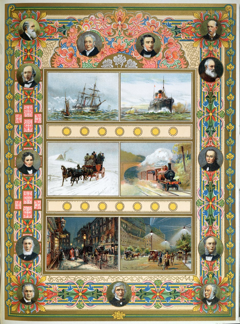 Kraliçe Victoria (1819-1901) döneminde ilerleme. Yelkenli gemiler, buharlı gemiler, buharlı tren ve gaz ve elektrikli sokak aydınlatması, 1887 by French School