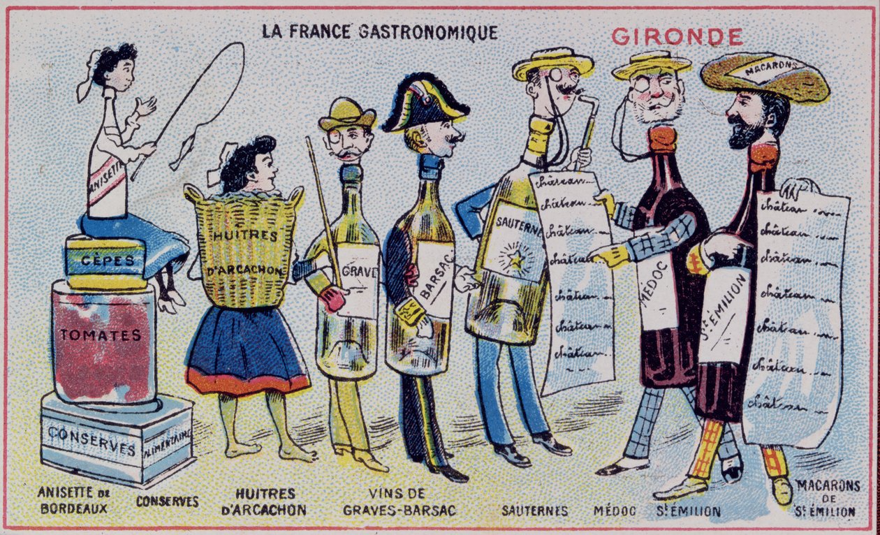 Gironde bölgesinin yemek spesiyalitelerini gösteren çocuklar için promosyon ve eğitim kartı. c.1910 by French School
