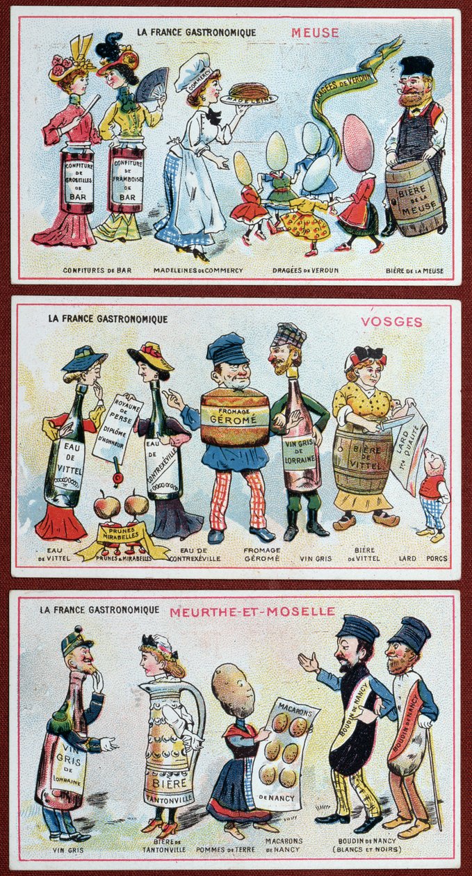 Lorraine bölgesinin yemek spesiyalitelerini gösteren çocuklar için promosyon ve eğitim kartları, c.1910 by French School