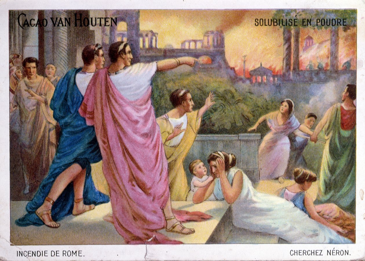 MS 64'te Roma'nın yanışını gösteren çikolata içen Cacao van Houten için promosyon kartı, c.1910 by French School