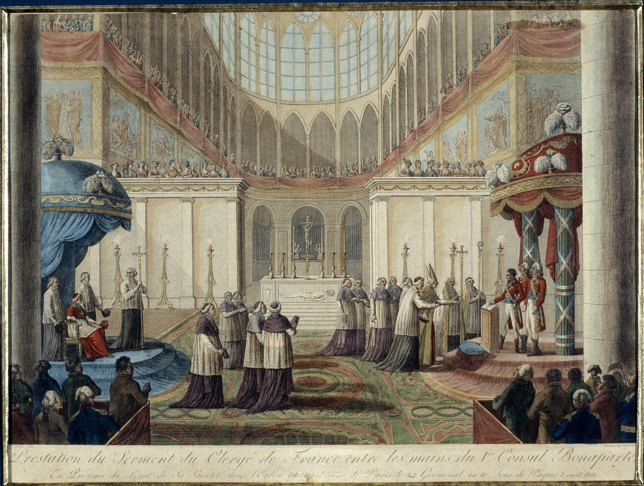 1801 Konkordatosunun İlanı: 22. germinal yıl 10, Paskalya günü 8 Nisan 1802'de Paris Metropolitan Kilisesi'nde Kutsal Hazretlerinin elçisinin huzurunda, 1. Konsolos Bonapart'ın elinde Fransa papazı tarafından yemin edildi by French School