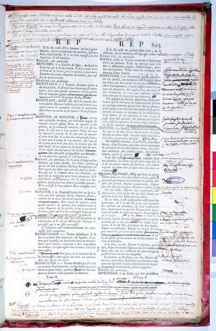 Fransız Akademisi sözlüğünün bir baskısının düzeltmelerini içeren prova sayfası (kağıt üzerine mürekkep) (ayrıca bkz. 179945) by French School