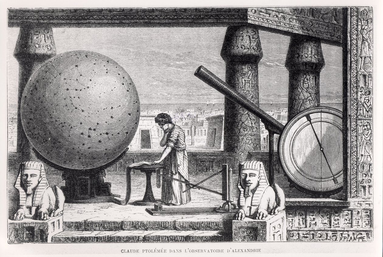 Ptolemy (c.90-168) (Claudius Ptolemaeus), İskenderiye'deki Gözlemevinde, Louis Figuier'in La Vie des Savants Illustres'ından by French School