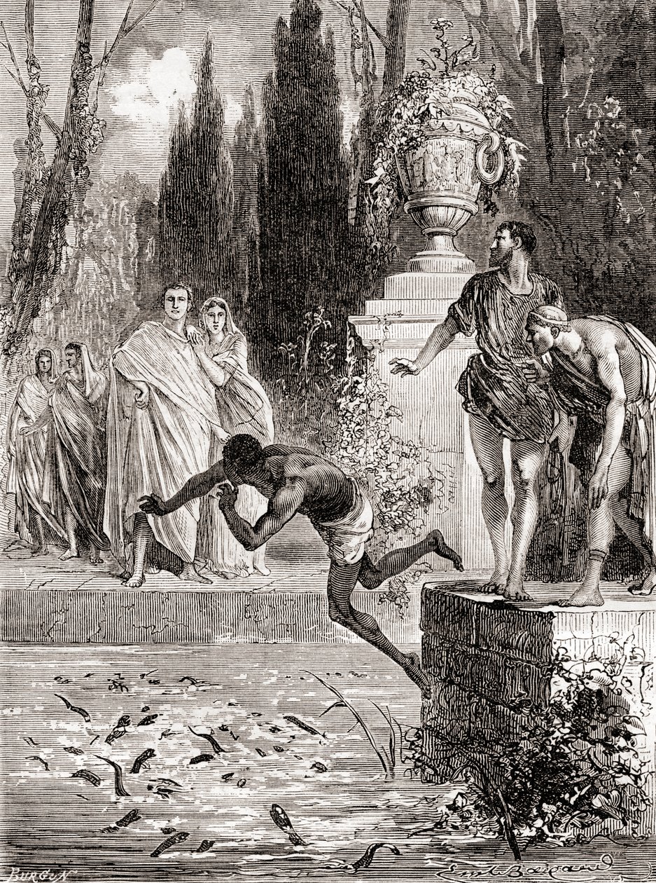 Publius Vedius Pollio, Romalı atlı, bir köleyi lambalı yılan balıklarına beslerken, Les Merveilles de la Science
