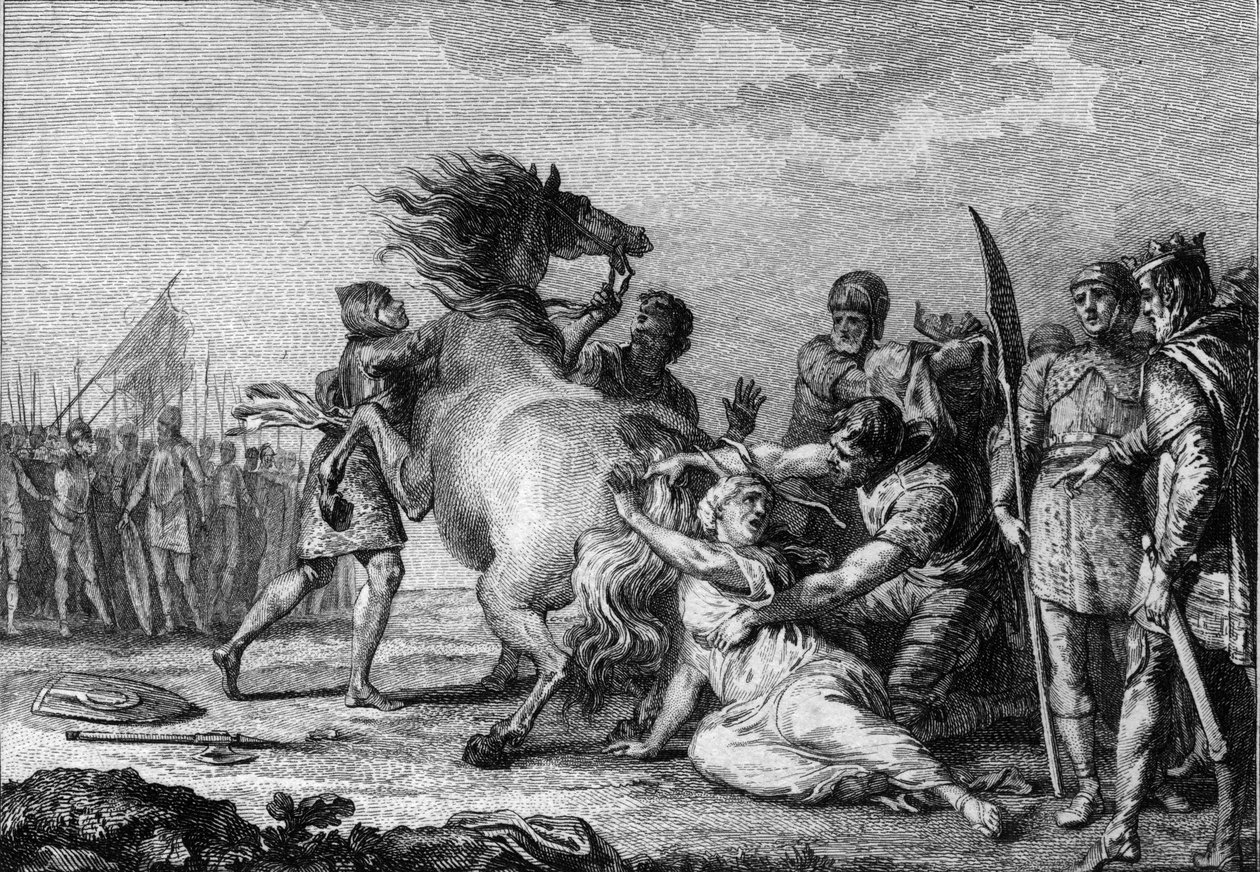 Brunehaut'un Cezası, 613: Austrasia kraliçesi Brunehaut veya Brunehilde (543-613), yere sürüklenmeden önce yılmaz bir atın kuyruğuna takılır. 18. yüzyılın gravürü. by French School
