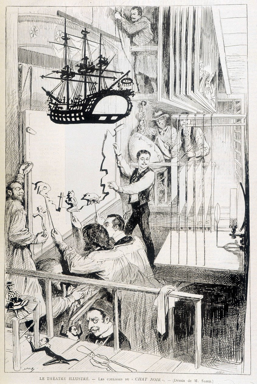 28/01/1888 tarihli “Le Monde illustré”de, Chat Noir, Paris kabaresinin perde arkasındaki kuklacılar. by French School
