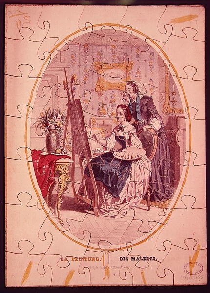 Bir şövale başında resim yapan bir kadını betimleyen yapboz parçaları, c.1840-50 (renkli taş) by French School