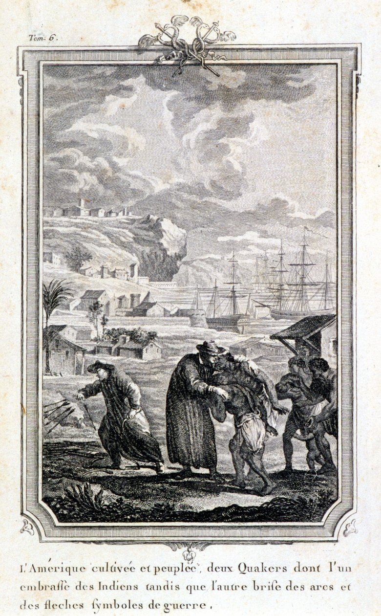 Amerika Kızılderililerini müjdelemeye çalışan Quaker misyonerleri - gravür by French School
